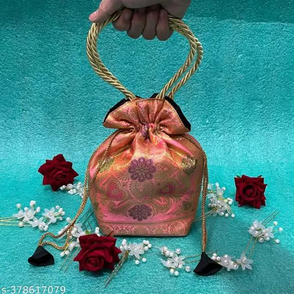 Beautiful_Peach_Colour_Banarasi_Silk_Brocade_Potli_Bag_For_Women
