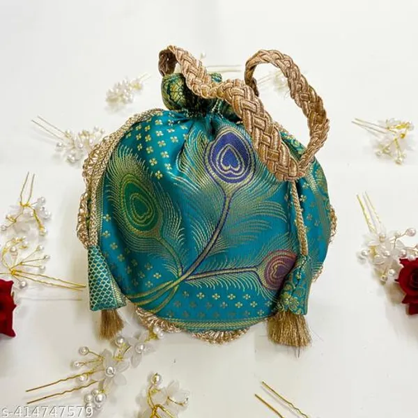 Bottle_Green_Banarasi_Silk_Brocade_Lace_Work_Potli_Bag