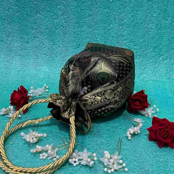 Black_Banarasi_Silk_Brocade_Peacock_Embroidered_Potli_Bag_For_Women