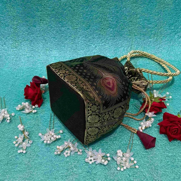 Black_Banarasi_Silk_Brocade_Peacock_Embroidered_Potli_Bag_For_Women