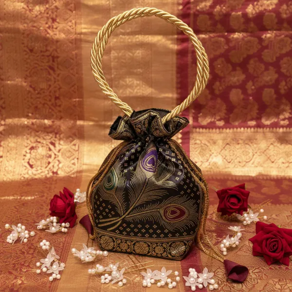 Black_Banarasi_Silk_Brocade_Peacock_Embroidered_Potli_Bag_For_Women