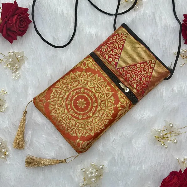 Orange_Banarasi_Silk_Brocade_Mobile_&_Coin_Bag_For_Women