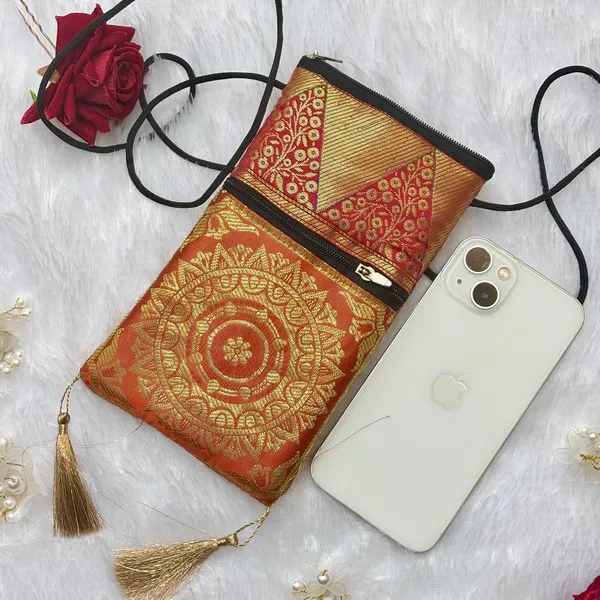 Orange_Banarasi_Silk_Brocade_Mobile_&_Coin_Bag_For_Women