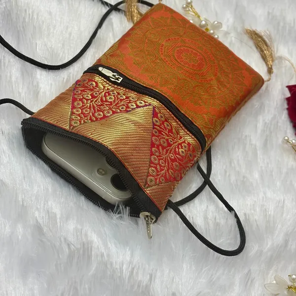 Orange_Banarasi_Silk_Brocade_Mobile_&_Coin_Bag_For_Women