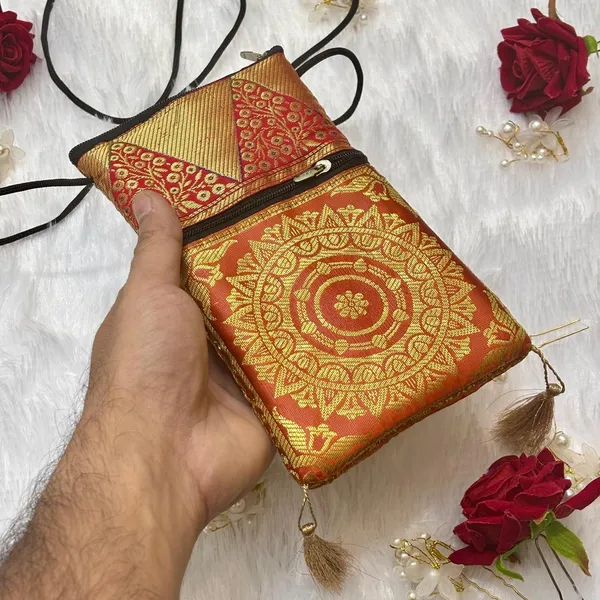 Orange_Banarasi_Silk_Brocade_Mobile_&_Coin_Bag_For_Women