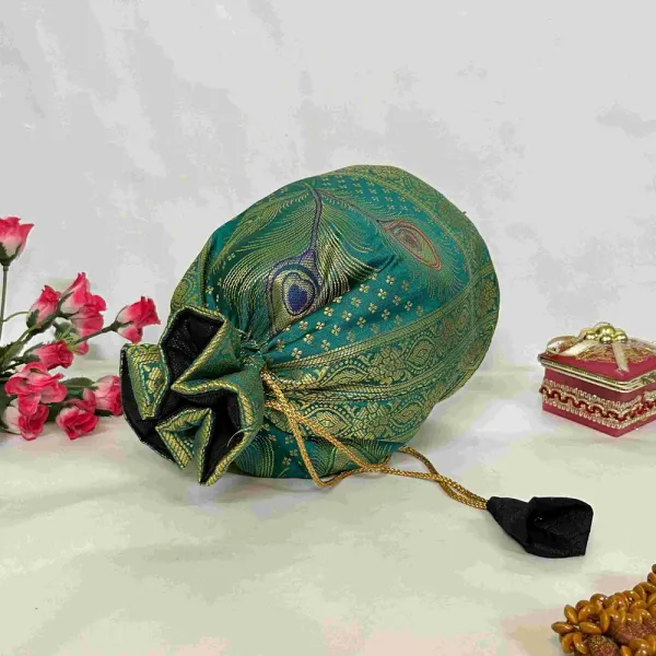 Elegant_Bottle_Green_Green_Colour_Banarasi_Potli_Bag