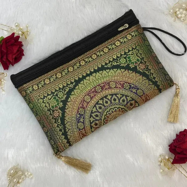 Dark_Bottle_Green_Shade_Handmade_Banarasi_Women_Wallet