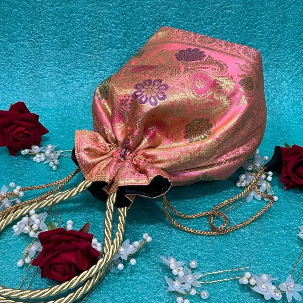 Beautiful_Peach_Colour_Banarasi_Silk_Brocade_Potli_Bag_For_Women