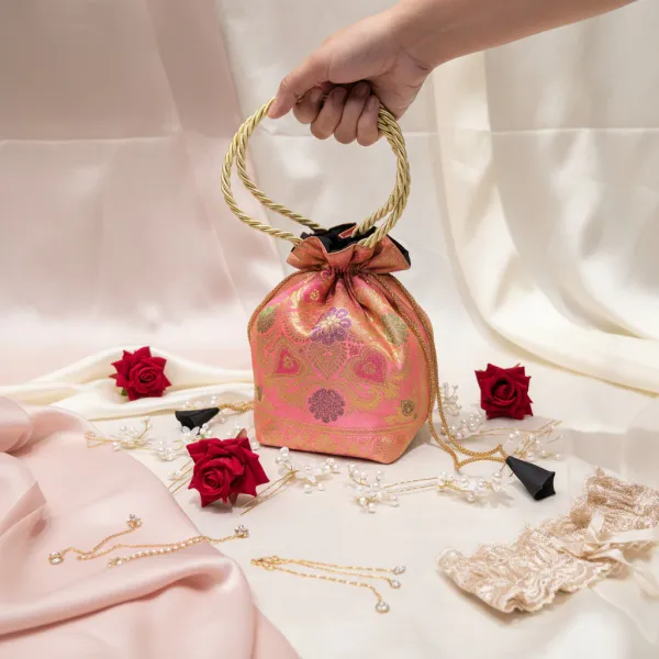Beautiful_Peach_Colour_Banarasi_Silk_Brocade_Potli_Bag_For_Women
