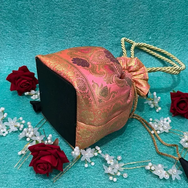 Beautiful_Peach_Colour_Banarasi_Silk_Brocade_Potli_Bag_For_Women