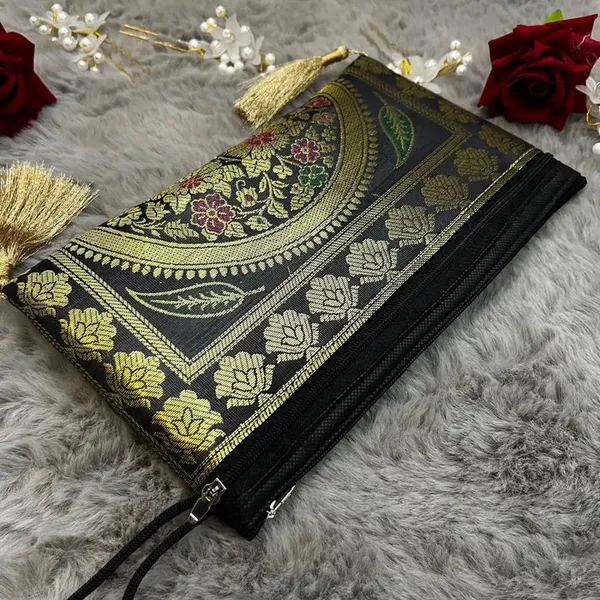 Black_And_Gold_Banarasi_Silk_Brocade_Printed_Three_Fold_Wallet_For_Women