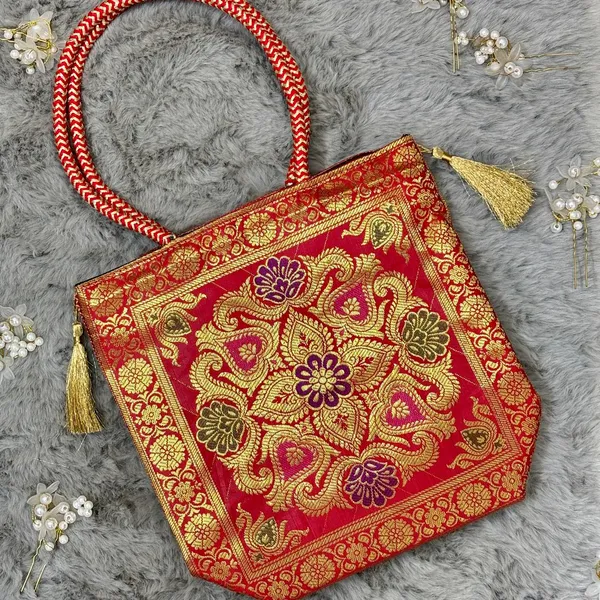 Red_Banarasi_Silk_Brocade_Handcrafted_Tote_Bag_For_Women