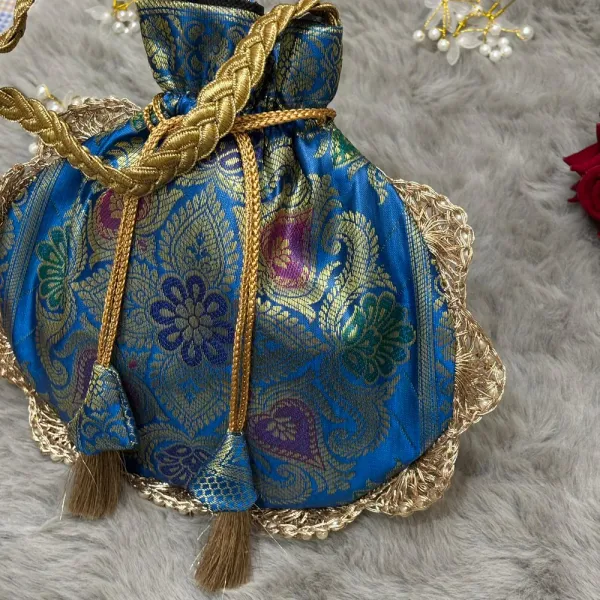 Firozi_Blue_Eccentric_Lace_Work_Banarasi_Potli_Bags