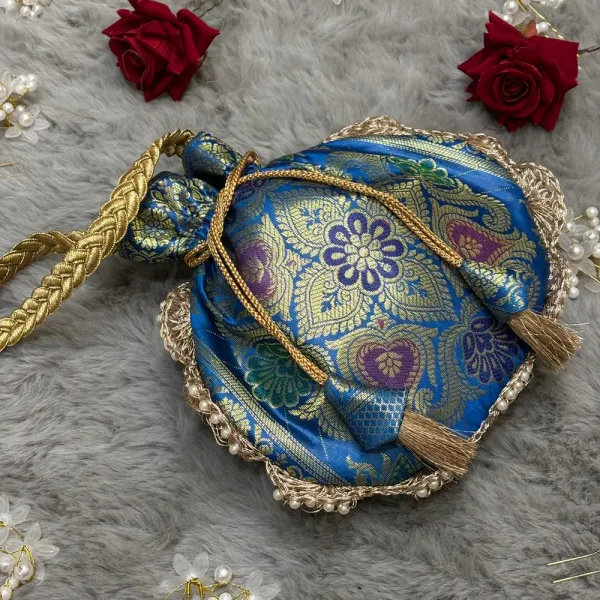 Firozi_Blue_Eccentric_Lace_Work_Banarasi_Potli_Bags