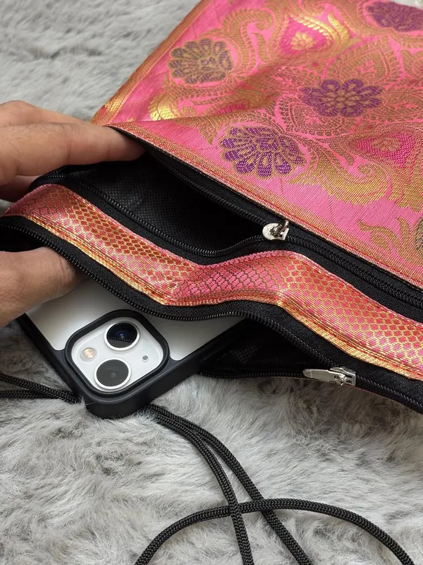Peach_Banarasi_Silk_Brocade_Sling_Bag_For_Women