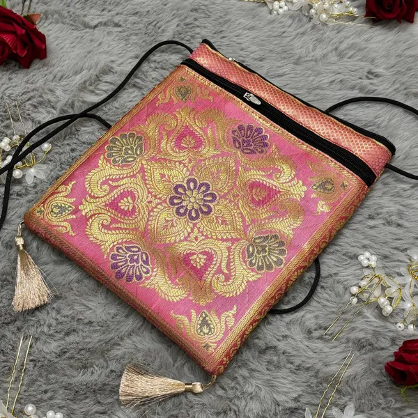 Peach_Banarasi_Silk_Brocade_Sling_Bag_For_Women
