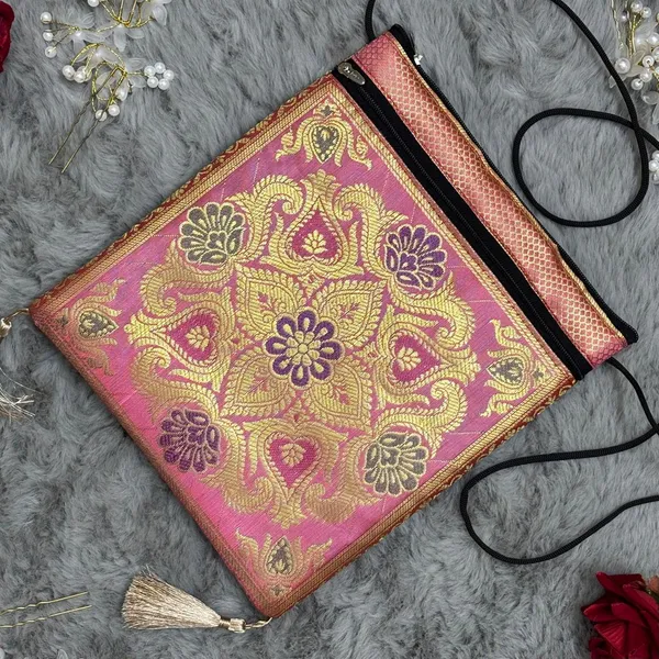 Peach_Banarasi_Silk_Brocade_Sling_Bag_For_Women