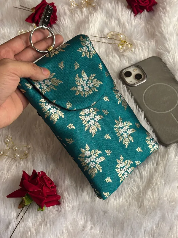 Premium_Banarasi_Brocade_Mobile_Sling_Bag_for_Women_|_Teal_Green_Silk_Phone_Pouch_with_Key_Ring_|