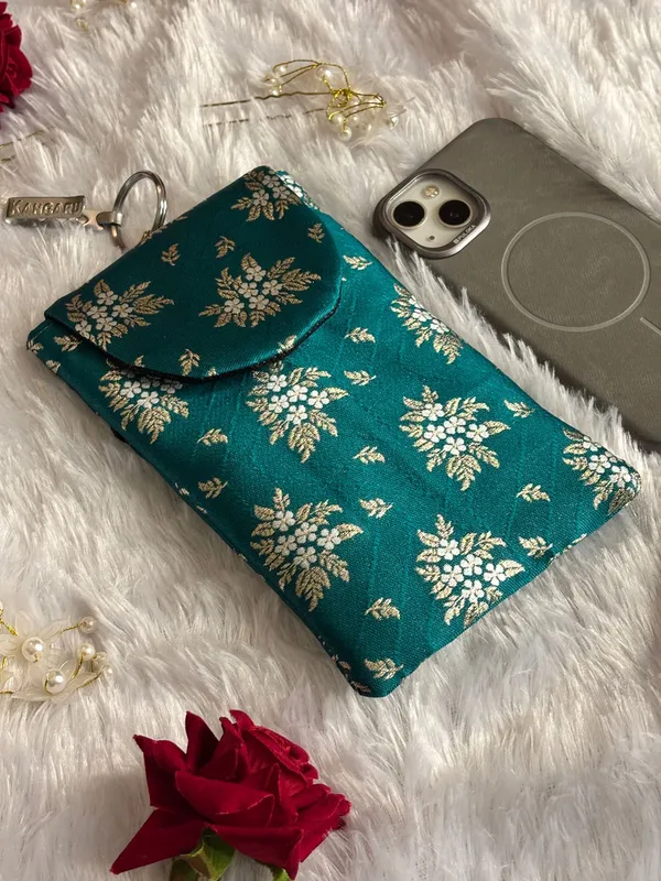 Premium_Banarasi_Brocade_Mobile_Sling_Bag_for_Women_|_Teal_Green_Silk_Phone_Pouch_with_Key_Ring_|