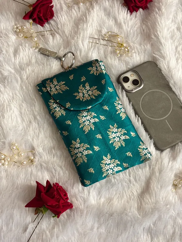Premium_Banarasi_Brocade_Mobile_Sling_Bag_for_Women_|_Teal_Green_Silk_Phone_Pouch_with_Key_Ring_|