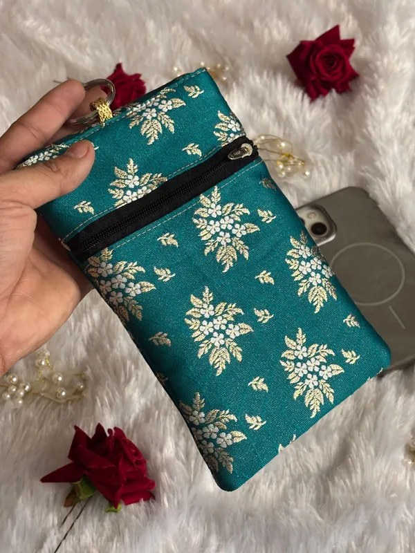 Premium_Banarasi_Brocade_Mobile_Sling_Bag_for_Women_|_Teal_Green_Silk_Phone_Pouch_with_Key_Ring_|