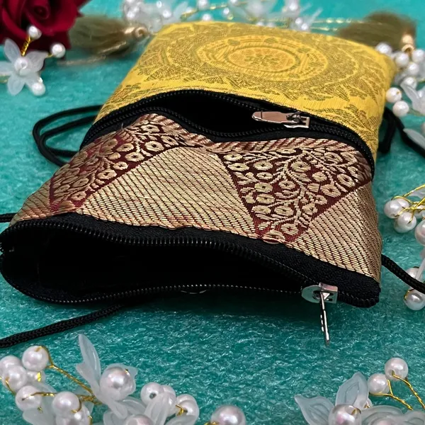 Yellow_And_Red_Banarasi_Silk_Brocade_Mobile_Bag_For_Women