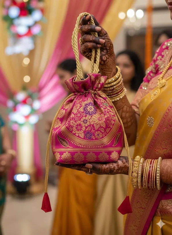 Rani_Pink_Colour_Handcrafted_Banarasi_Potli_Bag