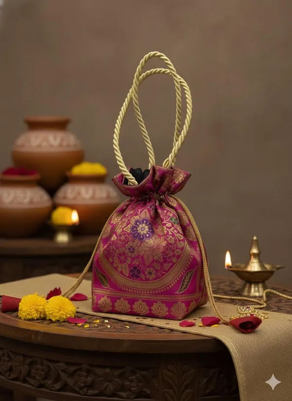 Rani_Pink_Colour_Handcrafted_Banarasi_Potli_Bag