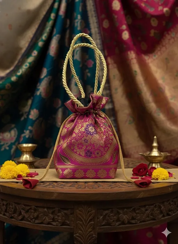 Rani_Pink_Colour_Handcrafted_Banarasi_Potli_Bag