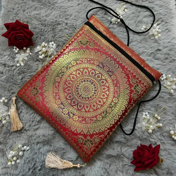 Red_Colour_Banarasi_Silk_Brocade_Ethnic_Sling_Bag_For_Women