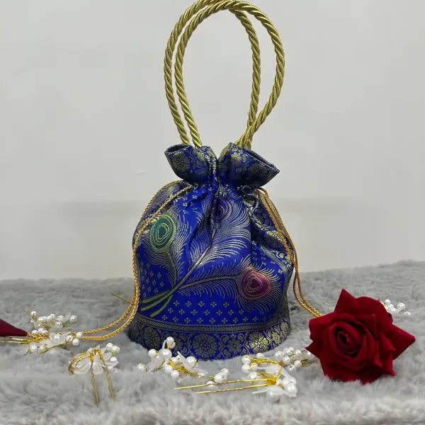 Blue_Banarasi_Silk_Brocade_Round_Base_Potli_Bag_For_Women