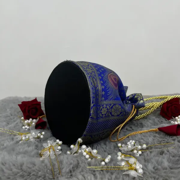 Blue_Banarasi_Silk_Brocade_Round_Base_Potli_Bag_For_Women