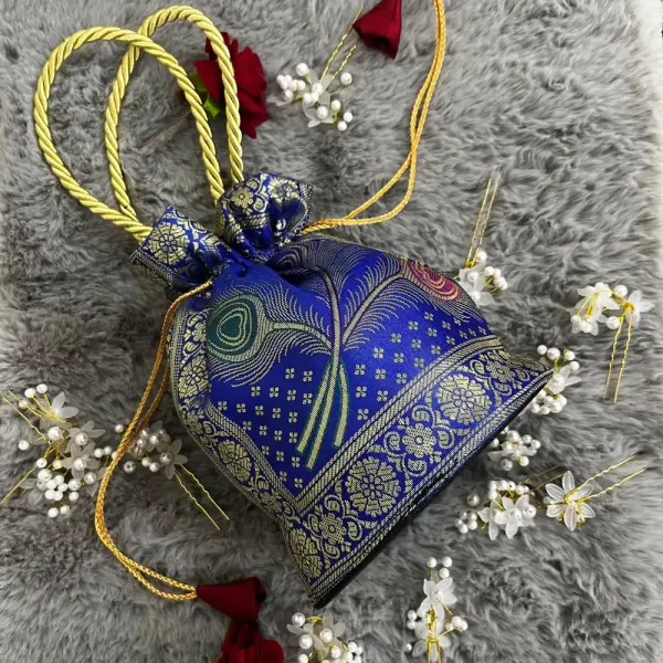 Blue_Banarasi_Silk_Brocade_Round_Base_Potli_Bag_For_Women