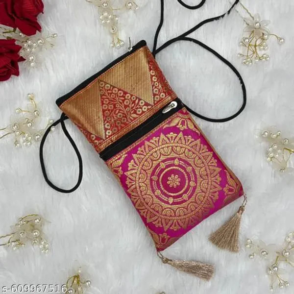 Pink_Banarasi_Silk_Brocade_Printed_Mobile_Sling_Bag_For_Women