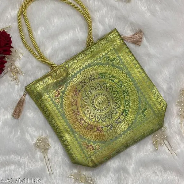 Green_Banarasi_Silk_Brocade_Zari_Tote_Bag_For_Women