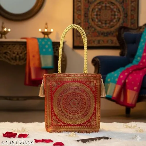 Red_Banarasi_Silk_Brocade_Zari_Work_Handbag_With_Tassels_For_Women
