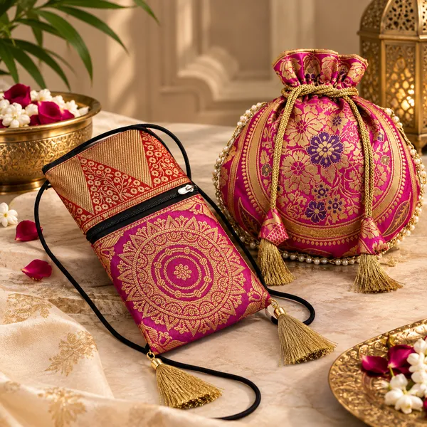 Handcrafted_Banarasi_Duo_Set_-_Rani_Mobile_Sling_&_Lace_Potli_