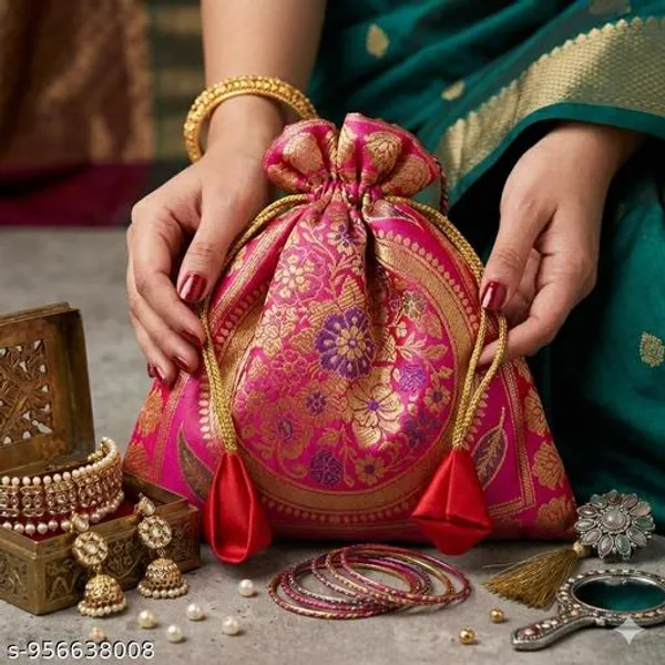 Pink_Banarasi_Silk_Brocade_Embellished_Drawstring_Potli_Bag_For_Women