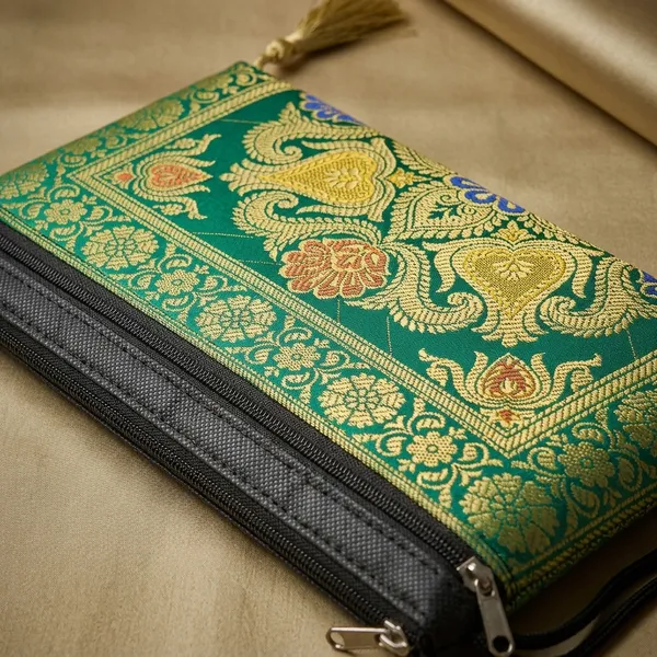 Green_Banarasi_Silk_Brocade_Two_Fold_Clutch_Wallet_For_Women