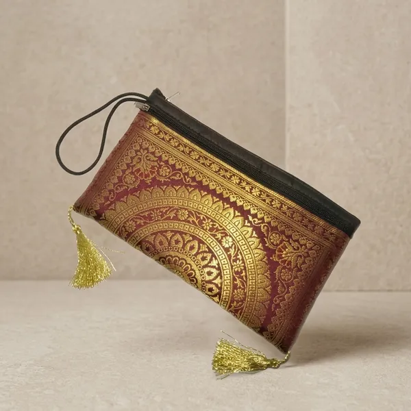 Maroon_Banarasi_Silk_Brocade_Three_Fold_Wallet_For_Women