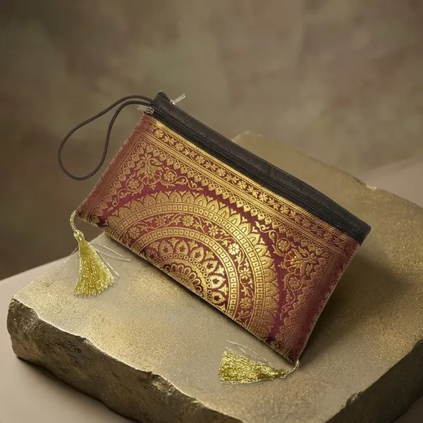 Maroon_Banarasi_Silk_Brocade_Three_Fold_Wallet_For_Women