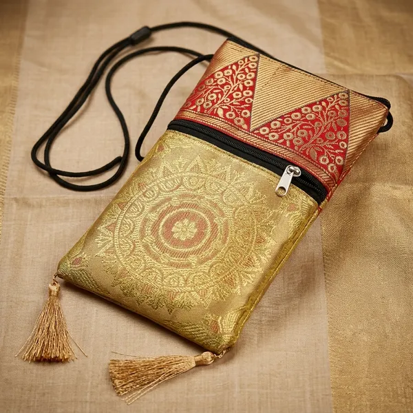 Gold_Banarasi_Silk_Brocade_Mobile_&_Coin_Bag_For_Women