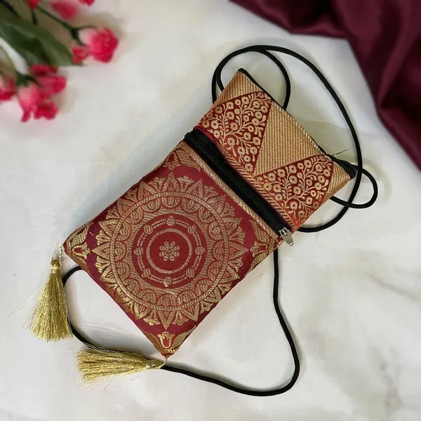 Red_Banarasi_Silk_Brocade_Mobile_Sling_Bag_For_Women