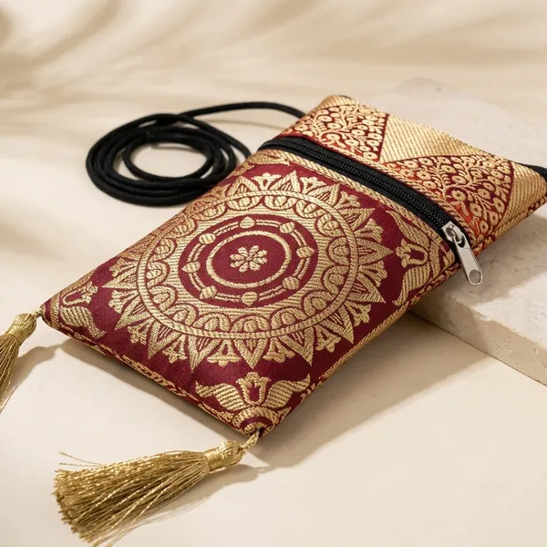 Red_Banarasi_Silk_Brocade_Mobile_Sling_Bag_For_Women