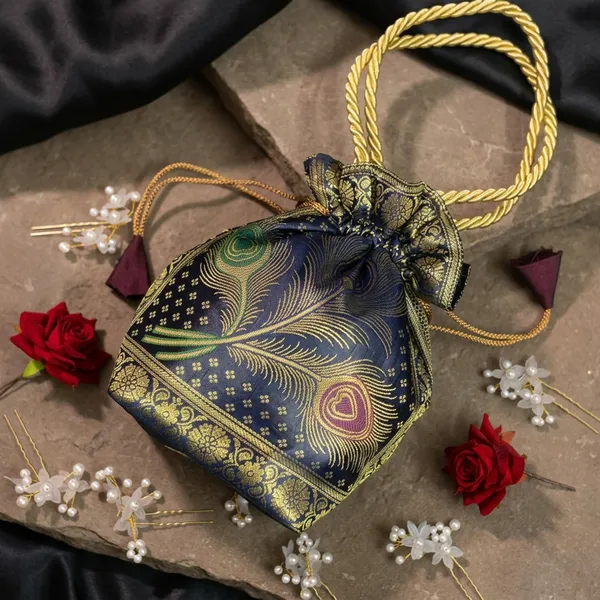 Navy_Blue_Banarasi_Silk_Brocade_Potli_Bag_For_Women