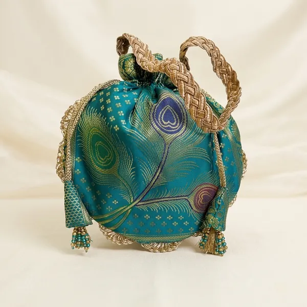 Bottle_Green_Banarasi_Silk_Brocade_Lace_Work_Potli_Bag