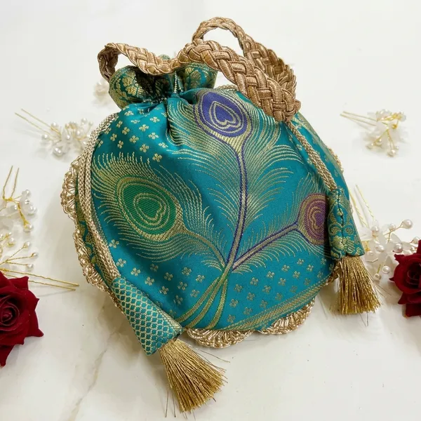 Bottle_Green_Banarasi_Silk_Brocade_Lace_Work_Potli_Bag