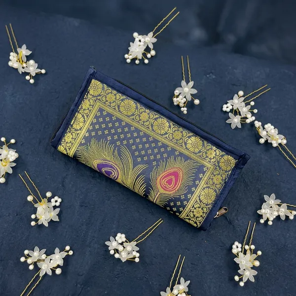 Navy_Blue_Banarasi_Silk_Brocade_Embellished_Clutch_For_Women