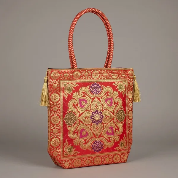 Red_Banarasi_Silk_Brocade_Handcrafted_Tote_Bag_For_Women