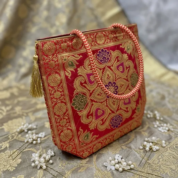 Red_Banarasi_Silk_Brocade_Handcrafted_Tote_Bag_For_Women